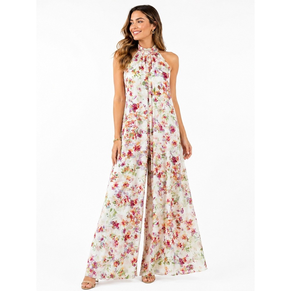 1.STATE Womens Floral Halter Neck Wide Leg Jumpsuit White Multi Size S